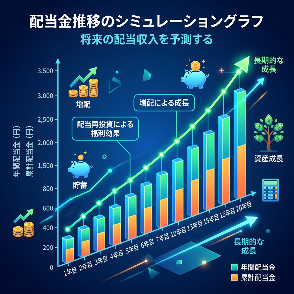 Graph showing annual and cumulative dividends in yen with growth from reinvestment over 20 years