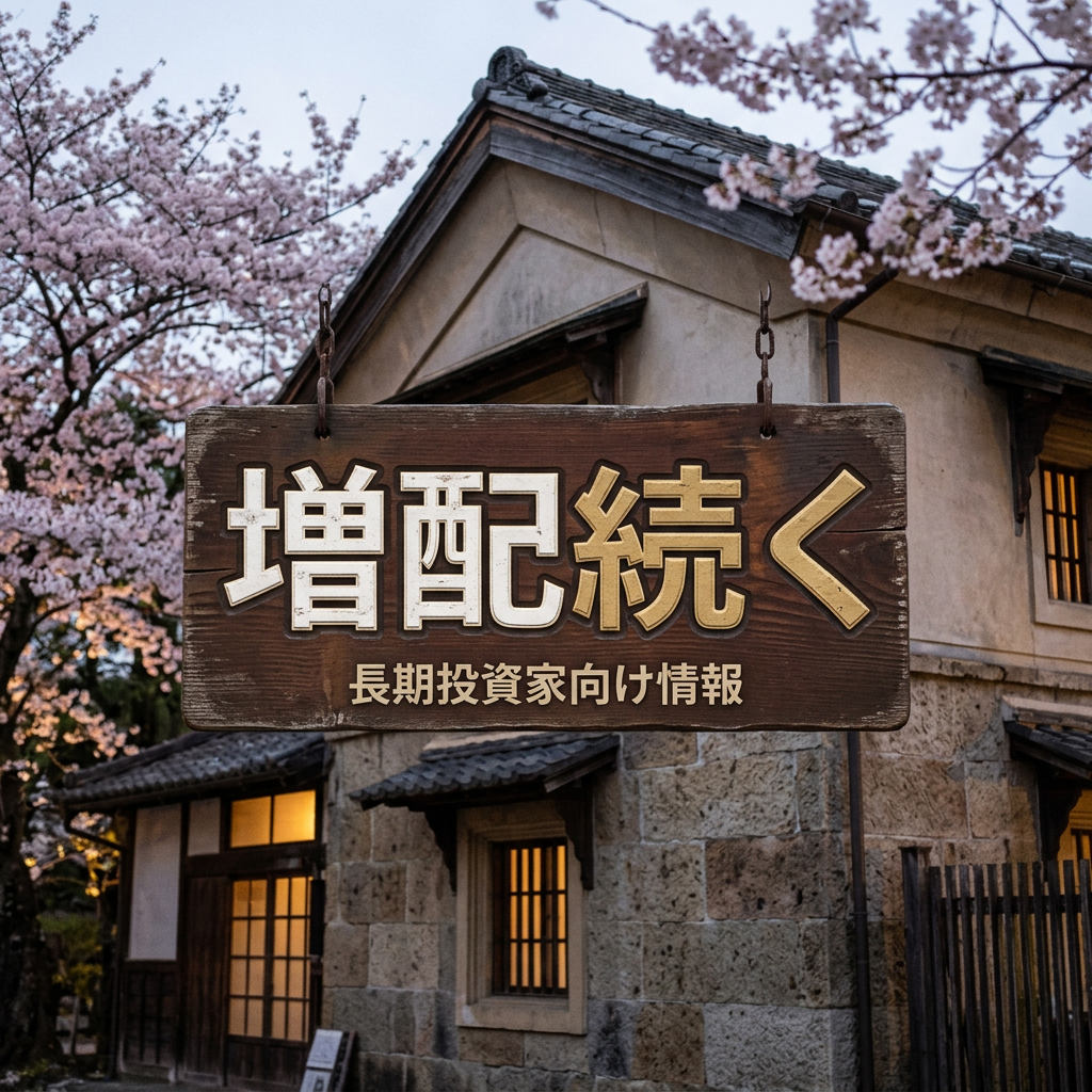Wooden sign with Japanese text about long-term investment hung outside traditional Japanese house with cherry blossoms