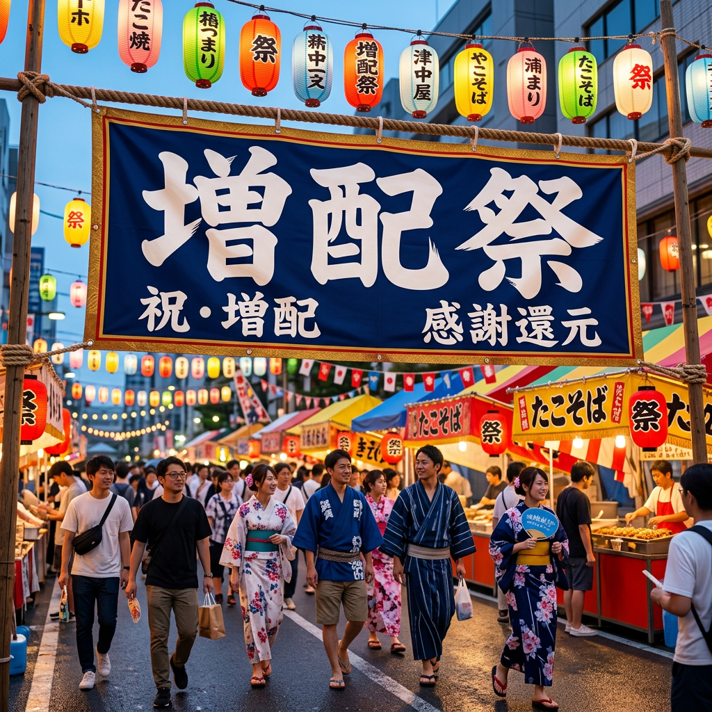 Crowd walking under festival banner at Japanese street fair with food stalls and lanterns