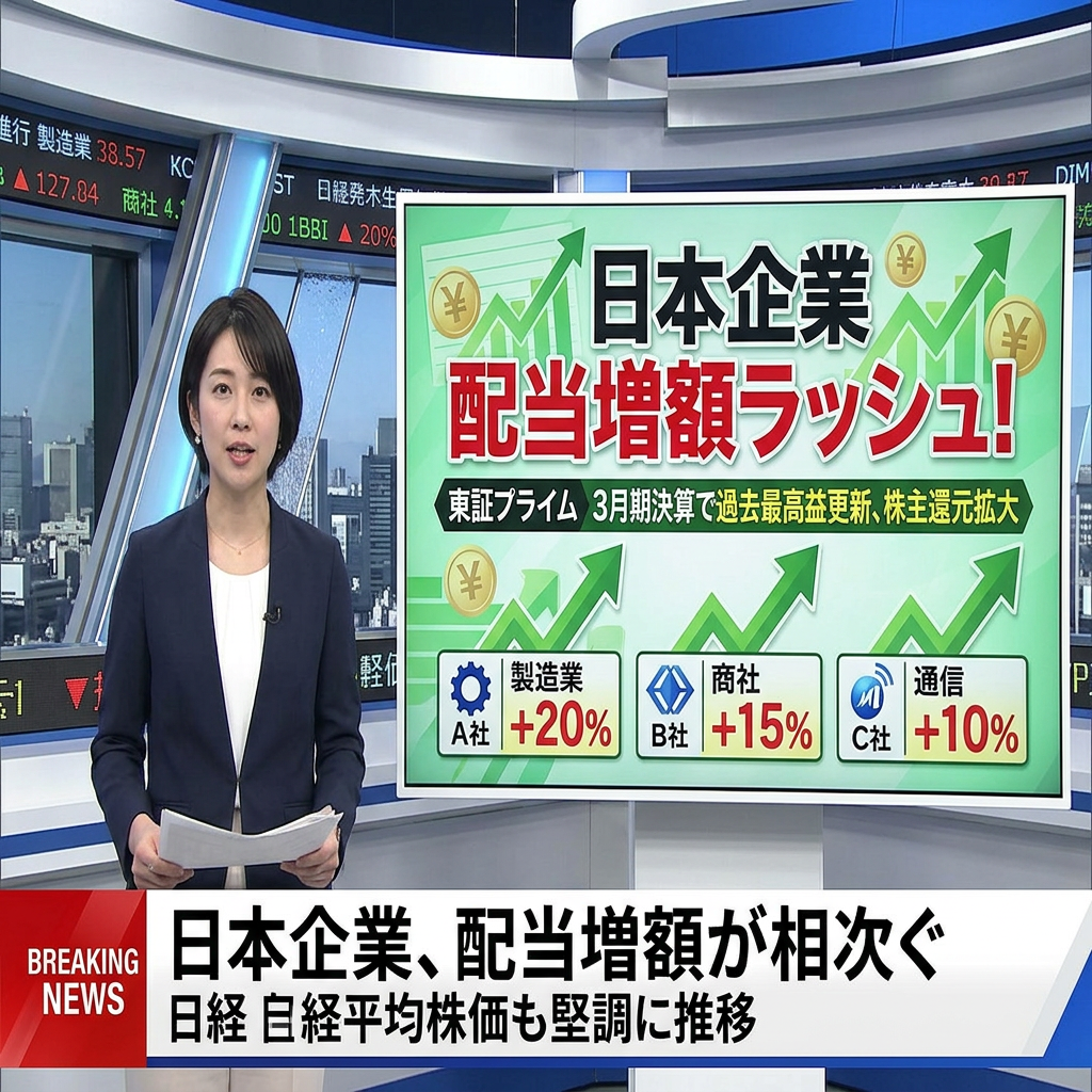 Japanese companies showing dividend increases: Manufacturing +20%, Trading +15%, Telecommunications +10%