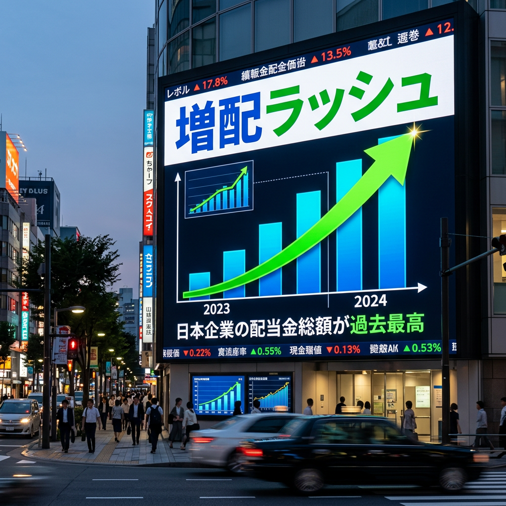 Digital billboard showing increasing dividend payout chart for Japan 2023 to 2024